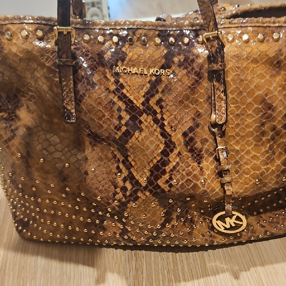 Luxurious Brown Snakeskin Tote with Gold Studs